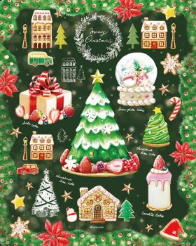 blueberry cake candy candy_cane christmas_tree cookie food food_focus fruit gingerbread_house hat highres lamppost no_humans original saku_sakuraba16 santa_hat snowman star_(symbol) strawberry