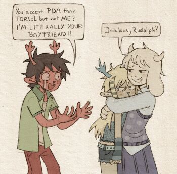 1boy 2girls :d aged_down animal_ears antlers arm_warmers arms_around_neck black_eyes blonde_hair blue_eyes blue_shirt blue_shorts blue_skirt blue_streaks blue_sweater_vest brown_hair brown_pants carol_holiday colored_pencil_(medium) commentary crying deer_antlers deer_boy deer_ears deer_girl deltarune denim denim_shorts english_commentary english_text furry furry_female furry_male goat_ears goat_girl goat_horns graphite_(medium) green_jacket highres horns hug jacket long_hair medium_hair midriff multicolored_hair multiple_girls open_clothes open_jacket open_mouth pants pleated_skirt raccoon_tails_(hairstyle) rudolph_holiday shirt shorts skirt sleeveless sleeveless_shirt smile smirk speech_bubble streaked_hair streaming_tears striped_arm_warmers sweater_vest szivarvanyturmix02 tears toriel traditional_media two-tone_hair utdr_(toby_fox) white_fur white_hair white_shirt