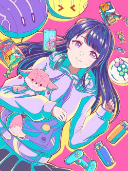 1girl alternate_costume black_skirt blunt_bangs blush candy cellphone character_doll closed_mouth commentary controller cookie dango doll electro_slime_(genshin_impact) food game_controller genshin_impact happy headphones highres hood hood_down hoodie horn2189haruru hoyofair light_blush light_smile long_hair long_sleeves looking_at_viewer looking_up lying mole mole_under_eye mutant_electro_slime_(genshin_impact) on_back phone pink_background purple_eyes purple_hair purple_hoodie purple_nails raiden_shogun raiden_shogun_(2nd_anniversary) shade skirt slime_(genshin_impact) smartphone snack solo wagashi yae_miko yae_miko_(fox)