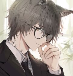 Rule 34 | 1boy, animal ear fluff, animal ears, arknights, bespectacled, black necktie, black suit, brown hair, cat ears, collared shirt, commentary request, formal, glasses, korean commentary, long sleeves, looking down, male focus, material growth, necktie, oripathy lesion (arknights), p (hgdsisd), phantom (arknights), plant, shirt, short hair, simple background, solo, suit, upper body, white background, white shirt, yellow eyes