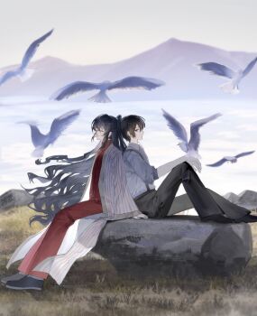 Rule 34 | 2boys, :d, absurdres, back-to-back, bird, bird on hand, black hair, blurry, bochishiraita, chinese clothes, closed eyes, collared shirt, crow's eye view (e.g.o), depth of field, double-parted bangs, dove, from side, grass, hair between eyes, hair flowing over, hand on own leg, hanfu, high ponytail, highres, hong lu (project moon), knee up, land of illusion (e.g.o), limbus company, long hair, long sidelocks, looking at another, looking back, male focus, mountainous horizon, multiple boys, ocean, on rock, open mouth, outstretched legs, ponytail, project moon, red hanfu, red sweater, shirt, short hair, sidelocks, sitting, smile, suspenders, sweater, too many, too many birds, vertical-striped robe, very long hair, white shirt, yi sang (project moon)