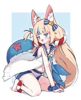 1girl :d absurdres animal_ear_fluff animal_ears arm_support ass bikini bikini_under_clothes blonde_hair blue_background blue_bikini blue_bow blue_eyes blue_hair blue_sailor_collar blue_scrunchie blunt_bangs blush bow dot_nose dress fang fins fish_girl fish_tail frilled_dress frilled_sailor_collar frills highres indie_virtual_youtuber kneeling lifebuoy_anklet lifebuoy_hair_ornament long_hair looking_at_viewer low_twintails multicolored_hair navel open_clothes open_dress open_mouth paper_boat patrick_star sailor_collar sailor_dress sameko_saba scrunchie short_shorts shorts smile spongebob_squarepants_(series) starfish streaked_hair striped_bikini striped_clothes swimsuit tail thighs twintails very_long_hair virtual_youtuber white_background white_dress white_shorts wrist_scrunchie yuudai1998