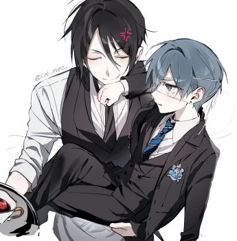 2boys absurdres anger_vein black_hair black_necktie black_pants black_suit black_vest blue_eyes blue_hair blue_necktie buttons carrying carrying_person cat_muno ciel_phantomhive closed_eyes closed_mouth collared_shirt crossed_legs eyepatch formal_clothes highres holding holding_plate jacket kuroshitsuji layered_sleeves long_sleeves looking_at_another male_focus multiple_boys necktie open_clothes open_jacket pants parted_bangs plate sebastian_michaelis shirt striped_clothes striped_necktie suit suit_jacket twitter_username vest white_background white_shirt wing_collar
