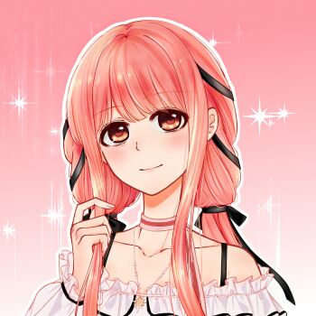 Rule 34 | 1girl, bare shoulders, bead necklace, beads, black ribbon, blunt bangs, bow, bow choker, bowtie, bra strap, brown eyes, chinese commentary, choker, closed mouth, collarbone, commentary request, fingernails, frilled shirt, frilled sleeves, frills, gradient background, hair ribbon, happy, heart, hexagram, highres, holding, holding own hair, infinity nikki, jewelry, light blush, lips, long hair, long sidelocks, long sleeves, looking at viewer, low twintails, naichayinyinyinzi, necklace, nikki (nikki), nikki (series), off-shoulder shirt, off shoulder, outline, perfect start (infinity nikki), pink background, pink bow, pink bowtie, pink choker, pink hair, puffy long sleeves, puffy sleeves, ribbon, shirt, sidelocks, single stripe, smile, solo, sparkle, star (symbol), star necklace, striped bow, striped bowtie, striped choker, striped clothes, textless version, tress ribbon, twintails, upper body, variant set, white outline, white shirt