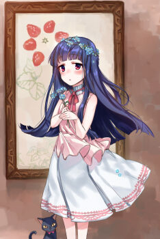 Rule 34 | 10s, 1girl, blue hair, blush, cat, dress, female focus, flower, hair flower, hair ornament, head wreath, idolmaster, idolmaster cinderella girls, long hair, looking at viewer, nemeko, painting (object), red eyes, sajo yukimi, solo