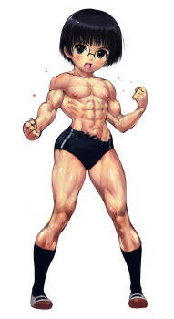 1girl abs absurdres androgynous apyoapyo black_hair buruma clenched_hands female_focus flat_chest glasses gym_uniform highres loli makki_(apyoapyo) muscular muscular_female nipples open_mouth original pectorals short_hair simple_background socks solo source_request topless_female torn_clothes white_background