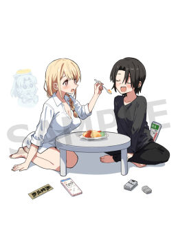 Rule 34 | 2girls, barefoot, black hair, black pants, blonde hair, blush, breasts, brown eyes, cellphone, chabudai, cigarette, cleavage, closed eyes, collarbone, collared shirt, eating, feeding, food, ghost, hair between eyes, halo, holding, holding spoon, hundredburger, indian style, kuro (ninkoro), kusagakure ayaka, leaning forward, lighter, long hair, long sleeves, multiple girls, naked shirt, newspaper, ninja to koroshiya no futarigurashi, official art, omelet, omurice, open mouth, pants, phone, profile, sample watermark, seiza, shirt, short hair, simple background, sitting, smartphone, smile, spoon, table, thighs, watermark, white background, white shirt, yellow halo, yuriko (ninkoro)