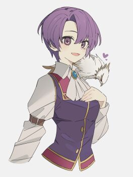Rule 34 | 1girl, animal, animal on shoulder, ascot, bird, bird on shoulder, breasts, brooch, curtained hair, eiyuu densetsu, george man, grey background, heart, highres, jewelry, kloe rinz, long sleeves, looking at viewer, medium breasts, open mouth, parted bangs, portrait, purple eyes, purple hair, short hair, simple background, smile, sora no kiseki, upper body, vest, waistcoat, white ascot, wing collar