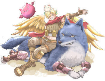 Rule 34 | 1boy, animal, animal on head, belt, blonde hair, boots, brown belt, brown boots, brown gloves, brown shirt, cat, cat on head, commentary request, crop top, deviruchi, feathered wings, fingerless gloves, full body, gloves, grin, looking at viewer, male focus, midriff, navel, on head, philippa, pouch, ragnarok online, ranger (ragnarok online), red scarf, scarf, shirt, simple background, sitting, sleeveless, sleeveless shirt, smile, solo, white background, white cat, wings, wolf, yellow eyes, yellow wings