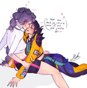 Rule 34 | 2girls, black hair, black shorts, blue pants, borrowed clothes, closed eyes, commentary, crop top, dutch braided ponytail, ear piercing, earrings, h1tsdifferent, heart, highres, holding another's arm, jacket, jewelry, kpop demon hunters, long hair, multiple girls, pants, piercing, purple hair, rumi (kpop demon hunters), shirt, shorts, signature, smile, untranslatable commentary, turtleneck, turtleneck shirt, very long hair, white shirt, yellow jacket, yuri, zoey (kpop demon hunters)