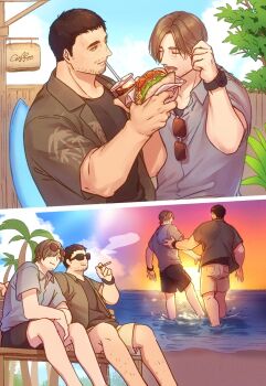 2boys beach beard_stubble bench black_hair black_shorts brown_hair chris_redfield cigarette closed_eyes closed_mouth coffee collared_shirt commentary_request cup dbox_2525 disposable_cup eyewear_hang eyewear_on_head facial_hair feeding food grey_shirt grey_shorts hand_in_own_hair hawaiian_shirt highres holding holding_cigarette holding_cup holding_food iced_coffee leg_hair leon_s._kennedy light_smile looking_at_another male_focus multiple_boys multiple_views ocean open_mouth outdoors palm_tree print_shirt resident_evil shirt short_hair short_sleeves shorts sitting smoke smoking soaking_feet stubble sunglasses sunset taco tree unworn_eyewear watch wristwatch yaoi