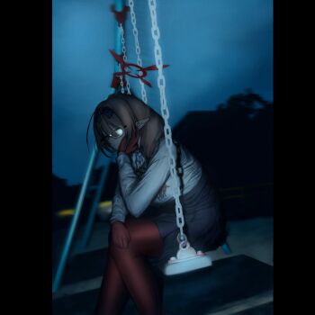 1girl black-framed_eyewear black_bow black_skirt blue_archive bow brown_hair chinatsu_(blue_archive) from_side glasses gloves hairband halo hand_on_own_cheek hand_on_own_face head_rest highres long_hair long_sleeves looking_at_viewer night on_swing outdoors pantyhose pillarboxed pointy_ears red_gloves red_halo red_pantyhose shark1n shirt sitting skirt solo swing white_shirt yellow_eyes