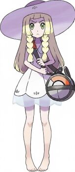 1girl ai-assisted bag bare_legs barefoot blonde_hair dress feet green_eyes hat lillie_(pokemon) long_hair nintendo official_art pokemon pokemon_sm self-upload simple_background solo third-party_edit toes white_background