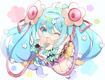 1girl ;&gt; ahoge aqua_eyes aqua_hair black_shoes blush braid chibi chibi_only commentary_request dress flower flower_underskirt full_body hair_between_eyes hair_flower hair_ornament hatsune_miku holding long_hair magical_mirai_(vocaloid) magical_mirai_miku magical_mirai_miku_(2021) pink_flower purple_hair shoes solo speaker tongue twintails very_long_hair vocaloid white_background white_dress yellow_flower yuni_(irohasuiroiro)
