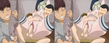 1girl age_difference arms_up blonde_hair blush breasts censored clenched_teeth cum cum_in_pussy cum_on_body cum_on_feet cumdrip fishnet_thighhighs fishnets footjob functionally_nude gintama grabbing_another's_breast groping group_sex hair_bun hetero highres indoors japanese_clothes jfbz large_breasts legs lying lying_on_person mosaic_censoring multiple_views nipple_stimulation nipple_tweak nipples no_panties on_back open_mouth penis purple_eyes pussy sequential sex shota simple_background smile spread_legs teeth thighhighs thighs tsukuyo_(gintama) vaginal