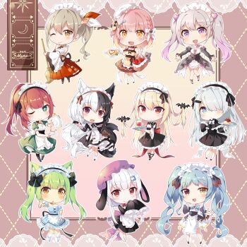6+girls aki_rinco alice_mana animal_ear_fluff animal_ears braid cake chibi chucolala coffee_pot cookie cup disposable_coffee_cup disposable_cup enfer_mirei food hair_over_one_eye highres hinata_cocomi hiseki_erio hyperz indie_virtual_youtuber juice komori_chiyu long_hair looking_at_viewer maid multiple_girls noir_(noworld) noworld omelet omurice one_eye_closed ponytail project-sp pudding_(project-sp) red_eyes shiina_nanoha sirokuma_shake smile tomato_juice twintails virtual_youtuber white_hair xinyue_bingbing