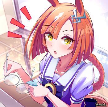 Rule 34 | animal ears, blush, bow, bowtie, braid, braided ponytail, breasts, brown hair, cleaning eyewear, collarbone, commentary request, ear ornament, glasses, grey-framed eyewear, handkerchief, highres, holding, holding handkerchief, holding removed eyewear, horse ears, horse girl, horse tail, ikuno dictus (umamusume), long hair, looking at viewer, multicolored hair, open mouth, puffy short sleeves, puffy sleeves, purple bow, purple bowtie, purple shirt, rimless eyewear, round eyewear, sailor collar, sailor shirt, school uniform, shirt, short sleeves, tail, torinosukei, tracen school uniform, umamusume, unworn eyewear, white sailor collar