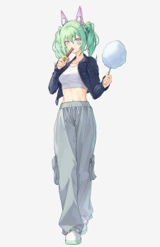 1girl absurdres animal_ear_hairband animal_ears breasts choppy_bangs commentary_request cotton_candy cropped_shirt denim denim_jacket drawstring fake_animal_ears food food_in_mouth full_body green_hair grey_eyes grey_pants hair_between_eyes hairband hand_up highres holding holding_cotton_candy holding_food jacket korean_commentary long_bangs looking_at_viewer medium_hair midriff moon_(restire) navel open_clothes open_jacket pants shirt shoes sneakers solo stellive sweatpants unzipped virtual_youtuber walking white_shirt white_shoes yuzuha_riko