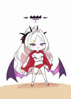 1girl ahoge black_halo blue_archive chibi coat coat_on_shoulders demon_girl demon_horns demon_wings full_body gym_uniform halo highres hina_(blue_archive) horns long_hair looking_at_viewer low_wings mata_ashita purple_eyes solo standing very_long_hair white_hair wings