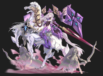 Rule 34 | 1girl, absurdly long hair, arm armor, armor, armored boots, bare shoulders, blue eyes, boots, bow (weapon), breasts, convallaria, drone, floating, full body, headpiece, highres, holding, holding polearm, holding reins, holding weapon, horse, horseback riding, lance, large breasts, long hair, mecha musume, polearm, reins, riding, shield, starward, thighhighs, thighs, very long hair, weapon, white hair, zhu fun