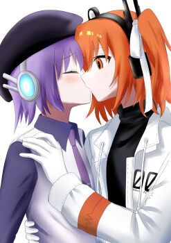 2girls a.i._voice absurdres adachi_rei beret black_hat black_shirt black_sleeves closed_eyes collared_shirt gloves hair_ribbon hat headlamp highland highres jacket kiss multiple_girls necktie open_clothes open_jacket orange_hair purple_hair purple_necktie ribbon shirt side_ponytail simple_background upper_body utane_uta utau white_background white_gloves white_jacket white_ribbon white_shirt wing_collar yuri