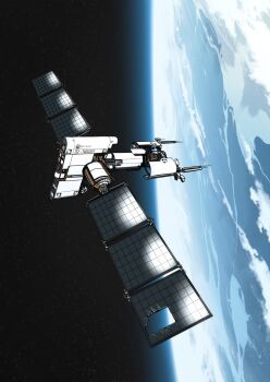 atmospheric_layer earth_(planet) flying highres in_orbit just_tenth no_humans planet random-tan_studio sammy_(comic) solar_panel space spacecraft star_(sky) vehicle_focus