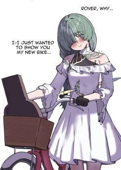 Rule 34 | 1girl, 2na (blue2na), absurdres, bare shoulders, bicycle, black gloves, blush, breasts, closed mouth, commentary, dress, english commentary, english text, gloves, grey eyes, grey hair, hair over one eye, highres, impaled, long hair, looking down, medium breasts, multicolored hair, musical note ornament, official alternate costume, phrolova (wuthering waves), sad, simple background, solo, streaked hair, sword, weapon, white background, white dress, wuthering waves