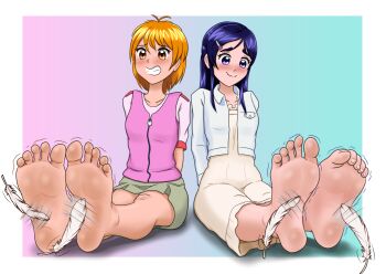2girls :d antenna_hair aqua_background arms_behind_back bare_legs barefoot blue_eyes blue_hair blush border breast_pocket brown_skirt clenched_teeth closed_mouth collarbone collared_jacket commentary commission dress feathers feet flickmann_ss foot_focus frilled_dress frills full_body furrowed_brow futari_wa_precure gradient_background hair_between_eyes hair_ornament hairclip jacket long_hair long_sleeves looking_down medium_dress medium_hair miniskirt misumi_nagisa multiple_girls on_floor open_mouth orange_eyes orange_hair outstretched_legs pink_background pink_jacket pink_shirt pixiv_commission pleated_skirt pocket precure red_trim shirt sitting skirt sleeveless sleeveless_jacket smile soles split_mouth swept_bangs teeth thick_eyebrows three-quarter_sleeves tickling tickling_feet toe_scrunch toenails toes trembling two-tone_background wavy_mouth white_border white_dress white_feathers white_jacket yukishiro_honoka zipper zipper_pull_tab