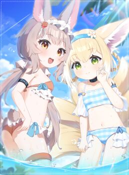 2girls :d absurdres alternate_costume animal_ears arknights bikini blonde_hair blue_bikini blue_hairband blush braid braided_hair_rings breasts cameltoe checkered_clothes closed_mouth commentary_request cowboy_shot detached_sleeves flower fox_ears fox_girl fox_tail frilled_bikini frilled_hairband frills green_eyes hair_flower hair_ornament hair_rings hairband highres infection_monitor_(arknights) kattowu kitsune kyuubi looking_at_viewer material_growth multiple_girls multiple_tails navel open_mouth orange_bikini orange_eyes oripathy_lesion_(arknights) rabbit_ears rabbit_girl rabbit_tail small_breasts smile suzuran_(anmi&#039;s_swimsuit)_(arknights) suzuran_(arknights) swimsuit tail teeth upper_teeth_only warmy_(arknights)