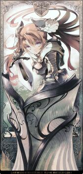 1girl armor brown_hair commentary_request expressionless fantasy grey_eyes highres holding holding_shield holding_sword holding_weapon knight long_hair looking_at_viewer original shield solo sumi_keiichi sword twintails weapon