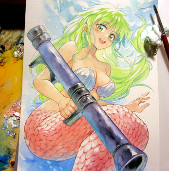 1girl agahari art_brush art_tools_in_frame bare_arms bare_shoulders bikini bikini_top_only breasts cleavage commentary_request from_below ganbare_goemon green_eyes green_hair holding holding_rocket_launcher holding_weapon large_breasts long_hair low-tied_long_hair mermaid monster_girl open_mouth paintbrush painting_(medium) photo_(medium) rocket_launcher shell shell_bikini smile solo strapless strapless_bikini swimsuit teeth traditional_media underwater upper_teeth_only very_long_hair weapon yae_(ganbare_goemon)