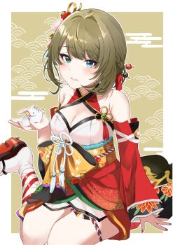 1girl bare_shoulders blue_eyes blush bow breasts chii_(sbshop) cleavage collarbone commentary_request detached_sleeves floral_print green_eyes green_hair hair_ornament hairpin heterochromia highres idolmaster idolmaster_cinderella_girls japanese_clothes kimono looking_at_viewer medium_breasts mole mole_under_eye obi parted_lips red_kimono sandals sash short_hair sitting smile solo takagaki_kaede thighs yellow_bow