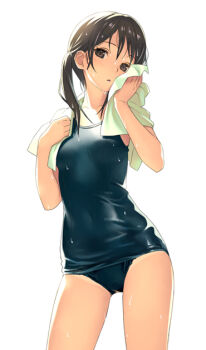 1girl blue_one-piece_swimsuit breasts brown_eyes brown_hair cameltoe contrapposto covered_navel cowboy_shot drying koutaro old_school_swimsuit one-piece_swimsuit original school_swimsuit simple_background small_breasts solo swimsuit tan tanline thighs towel towel_around_neck wet wet_clothes wet_swimsuit white_background