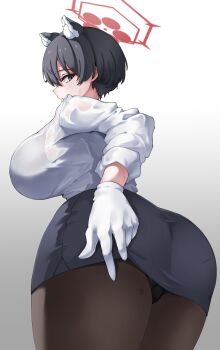 1girl absurdres animal_ear_fluff animal_ears beetleasd black_bra black_eyes black_hair black_panties black_pantyhose black_skirt blue_archive bra bra_visible_through_clothes breasts commentary_request cowboy_shot from_behind gloves gradient_background halo highres huge_breasts long_sleeves looking_at_viewer looking_back official_alternate_costume panties pantyhose pencil_skirt raccoon_ears raccoon_girl red_halo see-through_clothes see-through_shirt shirt short_hair skirt solo sweat tour_guide tsubaki_(blue_archive) tsubaki_(guide)_(blue_archive) underwear undressing wet wet_clothes wet_shirt white_gloves white_shirt