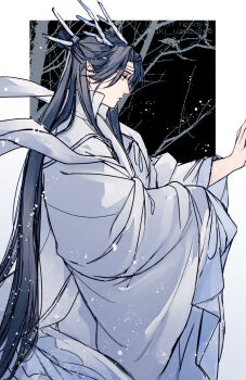 Rule 34 | 1boy, aki uzuzame, bare tree, black hair, chinese clothes, closed mouth, commentary request, dragon boy, dragon horns, dragon tail, eastern dragon horns, eastern dragon tail, from side, hanfu, highres, horns, kemonomimi mode, lan wangji, long hair, long sleeves, looking to the side, male focus, modao zushi, ponytail, profile, robe, shawl, snow, snowing, solo, tail, topknot, tree, twitter username, upper body, very long hair, watermark, white hanfu, white shawl, wide sleeves, xiao guan (headdress)