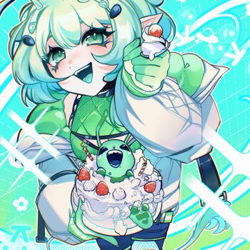 Rule 34 | 1girl, absurdres, alien mixture, antennae, aqua tongue, breasts, cake, cleavage, cleavage cutout, clothing cutout, commentary, english commentary, food, fruit, green eyes, green hair, highres, jacket, kajackies, open clothes, open jacket, open mouth, pointy ears, second-party source, socks agency, strawberry, virtual youtuber, white jacket