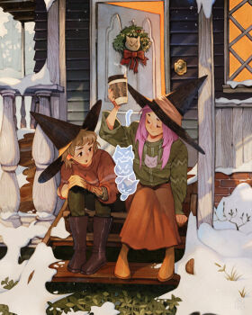 Rule 34 | 2girls, arm tattoo, black boots, black hat, boots, brown boots, brown hair, brown ribbon, brown skirt, cat, christmas wreath, closed eyes, cup, disposable coffee cup, disposable cup, earrings, ghost, green pants, green sweater, hat, hat ribbon, highres, holding, holding cup, jewelry, long hair, looking at another, multiple girls, open door, orange ribbon, original, outdoors, pants, pink hair, railing, red sweater, ribbon, short hair, simz, sitting, sitting on stairs, skirt, snow, stairs, sweater, tattoo, window, witch hat, wreath