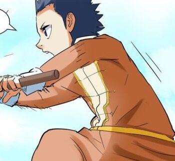 1boy bad_tag colored_skin grey_eyes grey_hair helmet lu_piao male_focus manga_illustration manga_page orange_tunic tales_of_demons_and_gods tunic white_skin