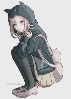 Rule 34 | 1girl, black thighhighs, brown hair, brown skirt, commentary request, danganronpa (series), danganronpa 2: goodbye despair, dontsu (illu5i0ns), flipped hair, from side, hair ornament, highres, hood, jacket, long sleeves, looking at viewer, medium hair, nanami chiaki, open clothes, open jacket, pink eyes, pleated skirt, skirt, solo, squatting, thighhighs