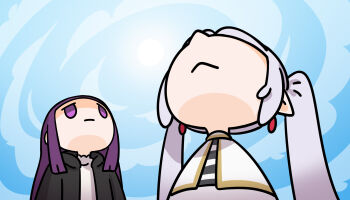 2girls :&lt; black_coat blue_sky blunt_bangs capelet cloud coat commentary dress earrings english_commentary fern_(sousou_no_frieren) frieren grey_hair head_back highres jewelry jitome keenbiscuit long_hair looking_down multiple_girls open_clothes open_coat outdoors pointy_ears purple_eyes purple_hair shirt sky sousou_no_frieren standing striped_clothes striped_shirt sun teardrop_earrings twintails upper_body upward_angle_frieren_drawing white_capelet white_dress