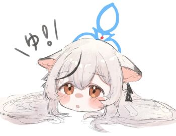 1girl :o animal_ears black_hair blue_archive blue_halo blush colored_bangs commentary_request hair_between_eyes halo head_only kokona_(blue_archive) long_hair looking_at_viewer messy_hair multicolored_hair orange_eyes shimeji_take sidelocks solo tiger_ears translation_request two-tone_hair white_hair