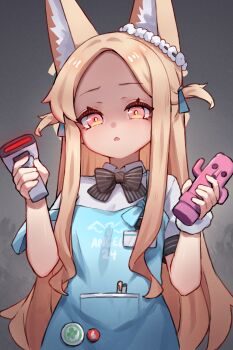 Rule 34 | 1girl, angel's 24 uniform (blue archive), animal ear fluff, animal ears, apron, barcode scanner, black bow, black bowtie, blonde hair, blue apron, blue archive, bow, bowtie, collared shirt, cosplay, extra ears, forehead, fox ears, fox girl, highres, holding, holding barcode scanner, long hair, miya (miyaruta), open mouth, pink eyes, seia (blue archive), shaded face, shirt, short sleeves, solo, sora (blue archive), sora (blue archive) (cosplay), two side up, very long hair, white shirt