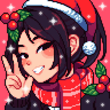 1girl artist_self-insert black_eyes black_hair black_sweater blush christmas collared_shirt commentary english_commentary grin hair_ornament hat high_ponytail holly holly_hair_ornament looking_at_viewer original pixel_art ponytail profile_picture red_background red_scarf santa_hat scarf shirt simple_background smile solo sparkle sweater v white_shirt yumykon yumykon_(yumykon)