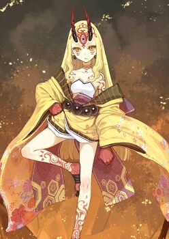 1girl bare_shoulders blonde_hair earrings fate/grand_order fate_(series) feet fire fire floral_pattern hand_on_own_hip hidari_(left_side) highres horns ibaraki_douji_(fate) japanese_clothes jewelry kimono legs long_hair looking_at_viewer monster_girl off_shoulder official_art oni oni_horns pointy_ears slit_pupils standing standing_on_one_leg tattoo toenails toes tree yellow_eyes yellow_kimono