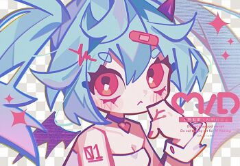 1girl :&lt; bare_shoulders black_choker blue_hair blush_stickers breasts checkered_background choker cleavage closed_mouth commentary double-parted_bangs hair_between_eyes hand_up hatsune_miku heart heart_choker long_hair looking_at_viewer mid_(doa_3d) number_tattoo portrait shoulder_tattoo solo symbol-only_commentary tattoo thick_eyebrows twintails vocaloid watermark wrist_cuffs