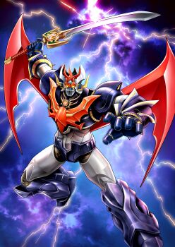 absurdres glowing glowing_eyes highres holding holding_sword holding_weapon horns mazinger_(series) mazinkaiser mazinkaiser_(robot) mecha mecha_focus mechanical_wings misogram no_humans pilder robot science_fiction solo super_robot super_robot_wars sword weapon wings yellow_eyes