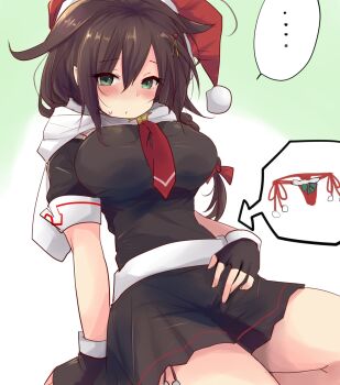 ... black_gloves black_hair black_serafuku black_shirt black_skirt blue_eyes braid breasts commentary_request embarrassed fingerless_gloves gloves hair_flaps hat highres hirune_(konekonelkk) inset kantai_collection large_breasts neckerchief panties red_neckerchief red_panties sailor_collar sailor_shirt santa_hat scarf school_uniform serafuku shigure_(kancolle) shigure_kai_ni_(christmas)_(kancolle) shigure_kai_ni_(kancolle) shirt side-tie_panties single_braid skirt spoken_ellipsis underwear white_scarf