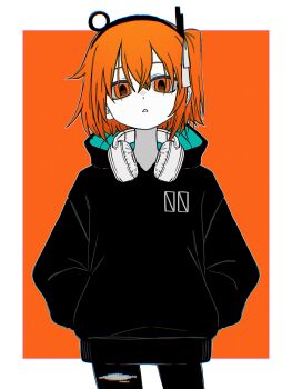 Rule 34 | 1girl, a.i. voice, absurdres, adachi rei, alternate costume, black hoodie, black pants, border, commentary, cowboy shot, denim, english commentary, expressionless, hair ribbon, hands in pockets, headlamp, headphones, headphones around neck, highres, hood, hood down, hoodie, jeans, long sleeves, looking at viewer, one side up, orange background, orange eyes, orange hair, outside border, pants, parted lips, radio antenna, ribbon, short hair, simple background, solo, standing, tadano tajima, the hole (utau), torn clothes, torn jeans, torn pants, utau, white border, white ribbon