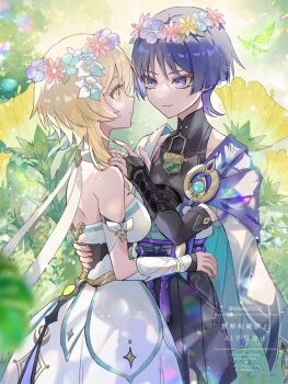1boy 1girl alternate_headwear aqua_gemstone armor belt black_belt black_bodysuit black_bow black_corset black_shorts blonde_hair blue_flower blue_kimono blue_sleeves blue_trim blunt_ends bodysuit bow breasts bridal_gauntlets bush cape choppy_bangs closed_mouth clothing_cutout corset couple covered_collarbone cross-laced_clothes cross-laced_corset crystalfly_(genshin_impact) dress eyeliner eyeshadow feathers flower flower_wreath furisode gem genshin_impact gold_ring hair_flower hair_ornament hakama hakama_shorts hand_on_another&#039;s_back hand_up hetero highres hip_vent japanese_armor japanese_clothes juban kimono kote kurokote layered_sleeves looking_at_another lumine_(genshin_impact) makeup mandarin_collar middle_ring multicolored_flower open_clothes open_kimono outdoors pink_flower pink_nails pleated_shorts pom_pom_(clothes) purple_cape purple_eyes purple_flower purple_hair purple_rope purple_sash red_eyeliner red_eyeshadow red_flower rope sash scaramouche_(genshin_impact) scarf short_hair short_hair_with_long_locks short_sleeves shorts shoulder_blades shoulder_peek sidelocks smile snow20200 tassel tsurime twitter_username vision_(genshin_impact) wanderer_(genshin_impact) watermark white_dress white_flower white_kimono white_scarf white_sleeves yellow_feathers yellow_flower