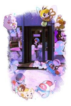 1boy 2girls arven_(pokemon) blue_hair bright_pupils chair closed_mouth commentary_request dedenne fidough gen_5_pokemon gen_6_pokemon gen_7_pokemon gen_8_pokemon hat hatenna highres holding korean_commentary majyo_(witch_poke) multicolored_hair multiple_girls nemona_(pokemon) nintendo penny_(pokemon) pink_eyes pokemon pokemon_(creature) pokemon_sv red_hair ribombee sitting smile solosis swirlix table tongue tongue_out two-tone_hair white_pupils